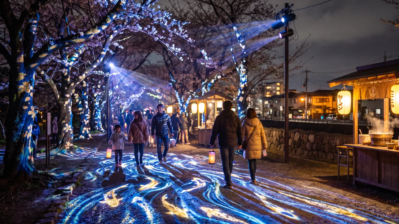公園の園路と樹木への投影を歩きながら楽しむナイトウォーク（イメージ）